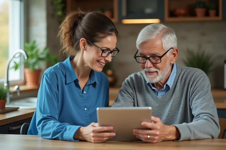 Aide-soignante aidant un senior avec une tablette dans une cuisine lumineuse