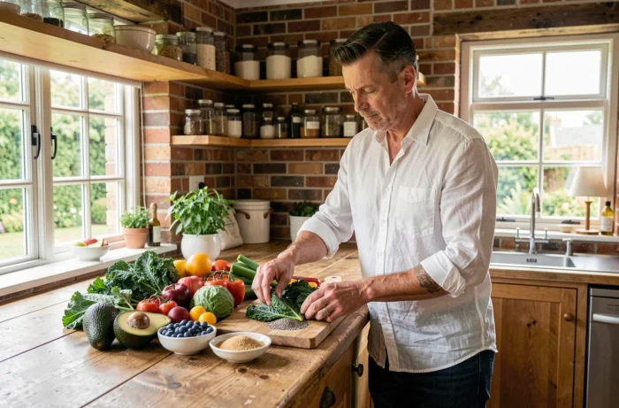 Homme préparant une alimentation saine avec des légumes et superaliments dans une cuisine moderne