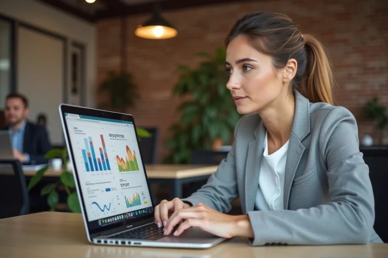 Une professionnelle analysant des statistiques SEO et des graphiques de classement sur un ordinateur portable dans un bureau moderne
