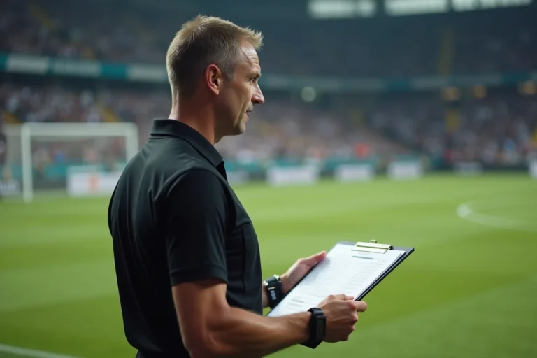 Arbitre de football consultant les résultats et classements de district sur une feuille officielle en bord de terrain