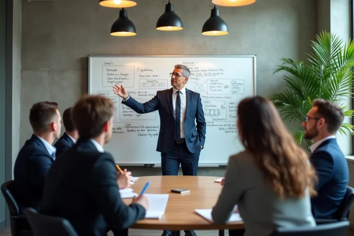 Consultant en coaching de leadership animant un atelier stratégique pour un groupe de dirigeants d'entreprise