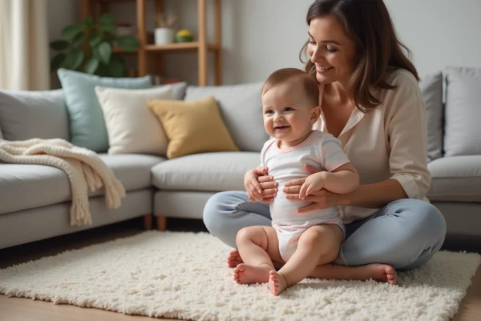 Bebe fille de six mois en body pastel souriant avec sa maman