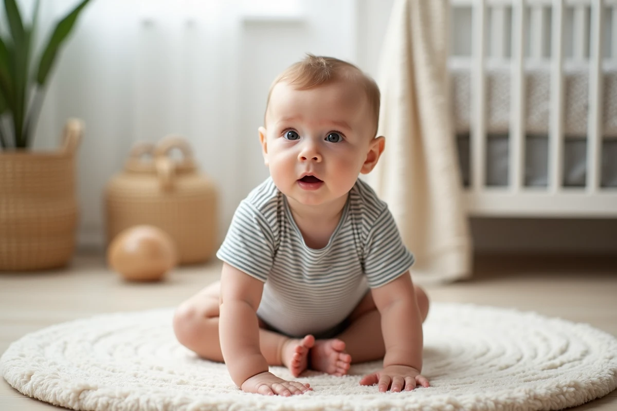 Bebe garcon de huit mois assis seul sur tapis de jeu