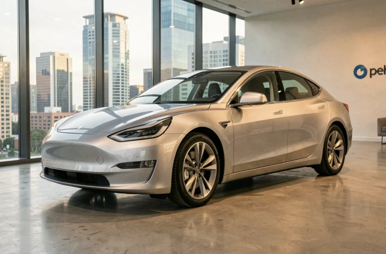 Nouvelle berline électrique aux lignes aérodynamiques exposée dans un showroom automobile moderne avec vue urbaine