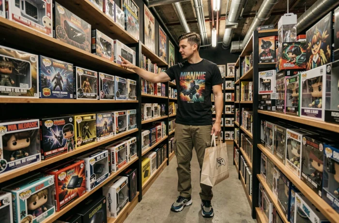 Jeune homme passionné de culture geek explorant des jeux rétro et figurines dans une boutique spécialisée