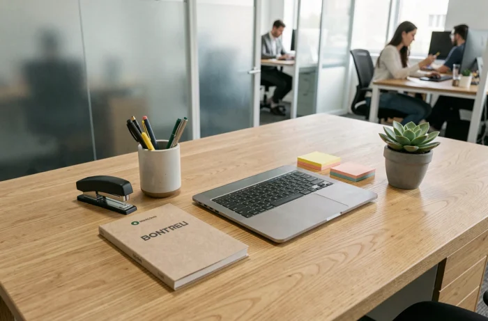 Bureau professionnel bien organisé avec fournitures de qualité, ordinateur portable et accessoires de bureau soignés