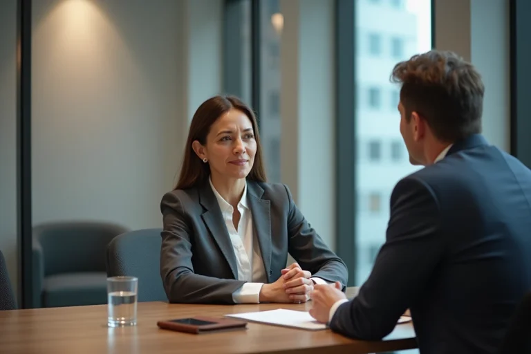 Coach exécutive en blazer charbon conduisant une session de coaching individuel avec un dirigeant dans une salle de conférence moderne