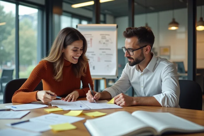 Deux professionnels collaborant sur une stratégie SEO avec des documents de recherche de mots-clés et des notes manuscrites sur une table de réunion