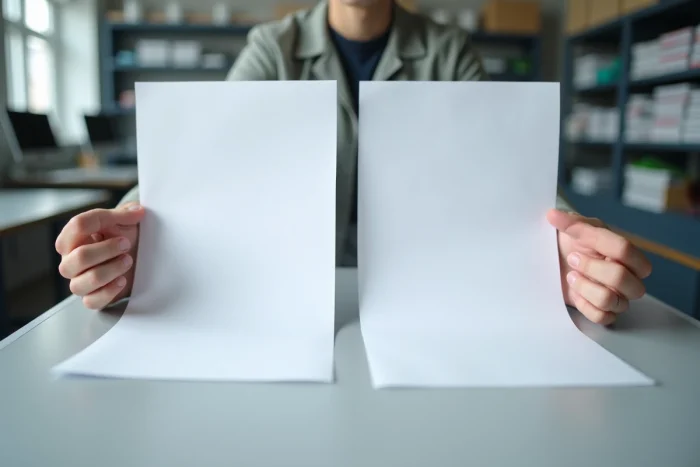 Comparaison de pages imprimées par une imprimante laser et une imprimante LED tenues à la main