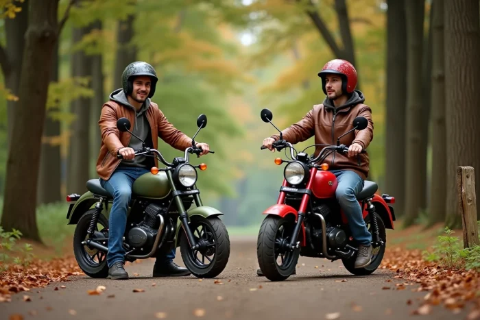Deux motos rétro 125cc côte à côte sur un chemin forestier en automne avec un pilote en veste en cuir