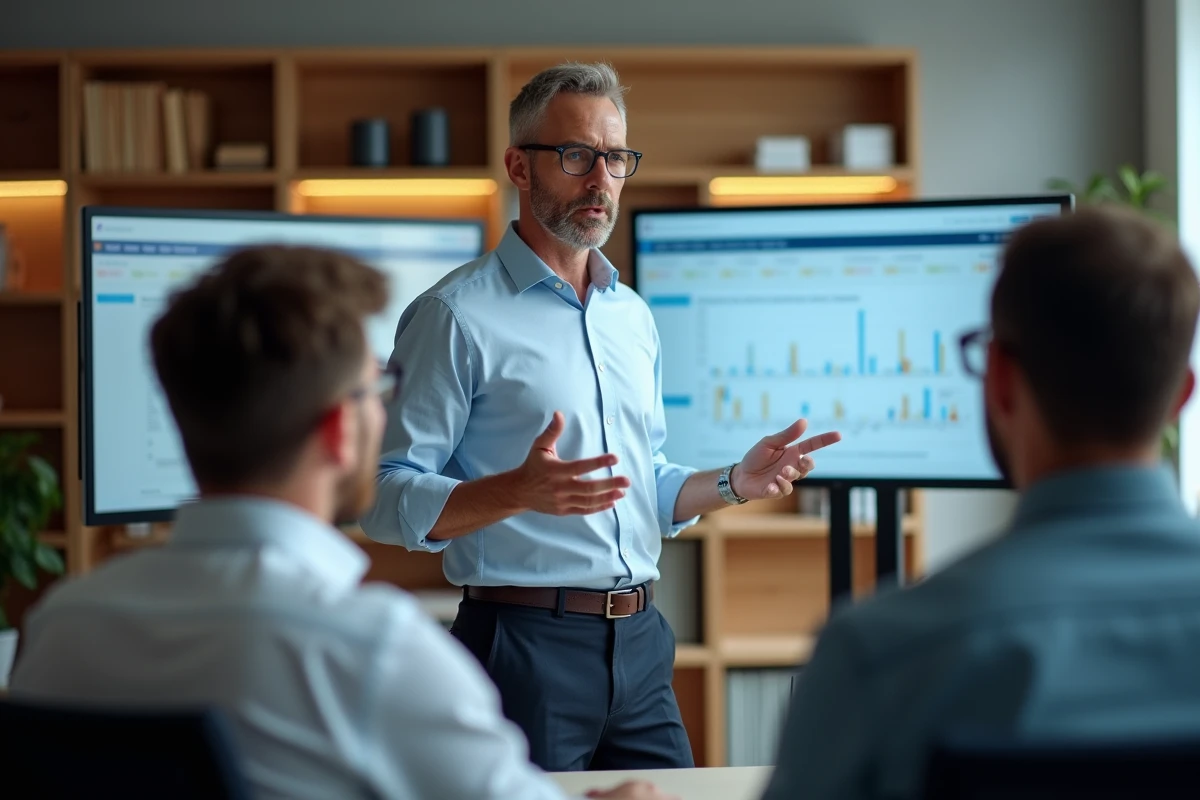 Consultant présentant un tableau de bord web à ses clients dans un bureau moderne