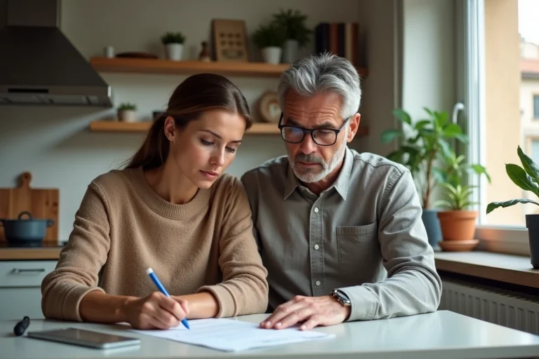 Couple d'adultes remplissant des papiers officiels à la maison