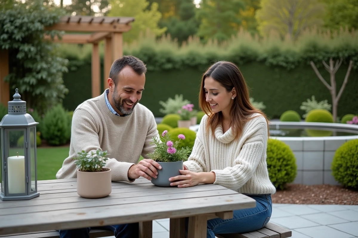 Jeune couple arrangeant des plantes sur une terrasse moderne