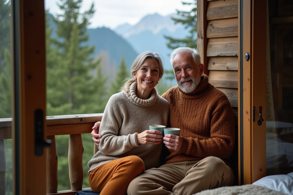 Couple dans une cabane en bois dégustant un café au matin