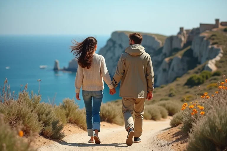 Jeune couple marche sur un sentier en Provence avec vue sur la mer