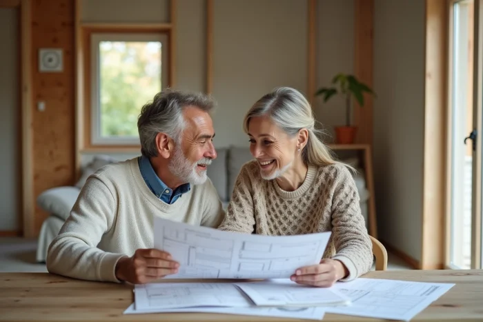 Couple rénovant intérieur avec plans et matériaux durables