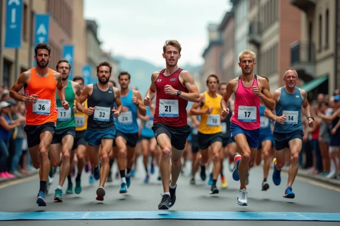 Coureurs amateurs franchissant la ligne d'arrivée lors d'une course locale en milieu urbain, ambiance festive et sportive