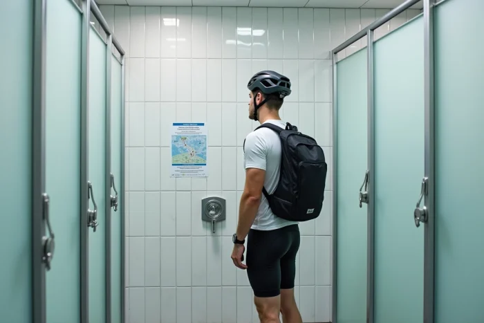 Cycliste lisant un panneau d'information dans une salle de douches publiques propre et moderne