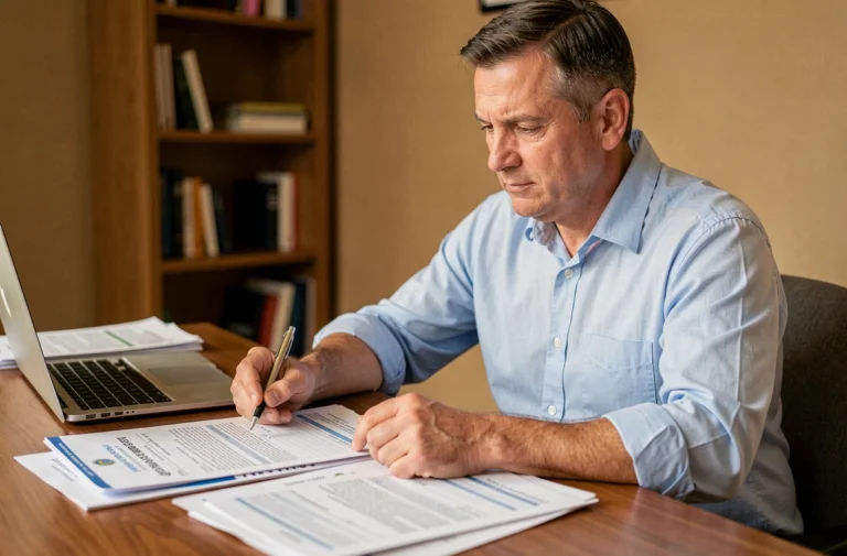 Homme assis à un bureau consultant des documents administratifs pour la vente d'un véhicule