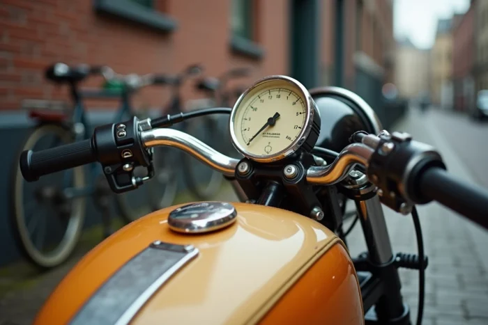 Gros plan sur le guidon et le compteur vintage d'une moto 125cc rétro avec finitions chromées et réservoir bicolore