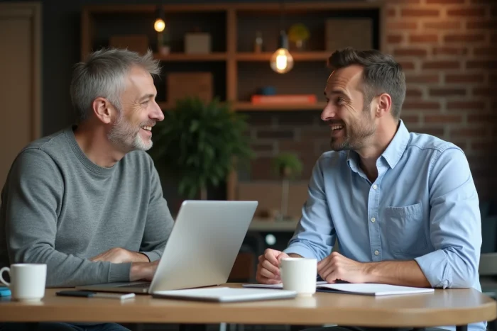 Deux entrepreneurs en discussion stratégique autour d'un ordinateur portable dans un espace de coworking contemporain
