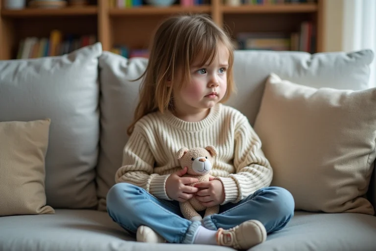 Fille de 9 ans pensant assise sur un canapé cosy
