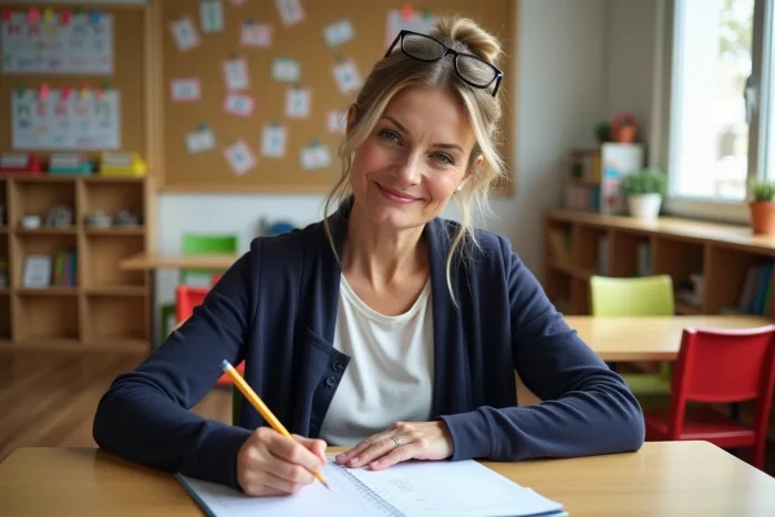 Enseignante de maternelle notant les absences dans le registre d'appel de la classe
