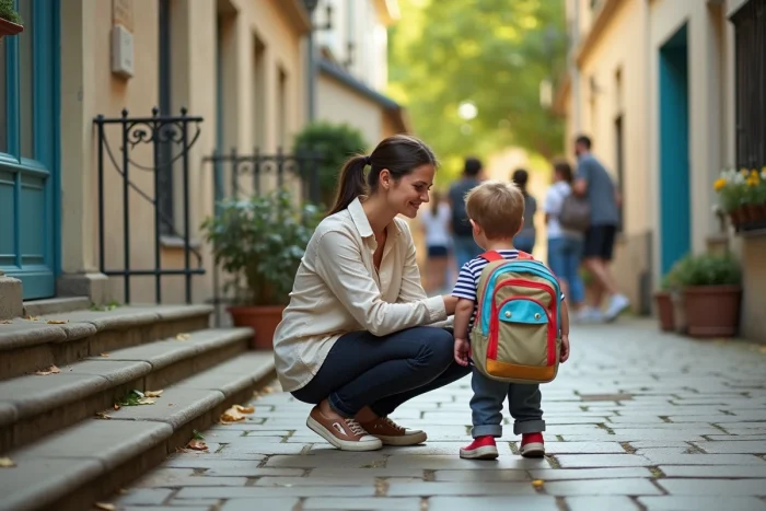 Mère accompagnant son enfant à l'entrée de l'école maternelle pour la rentrée scolaire