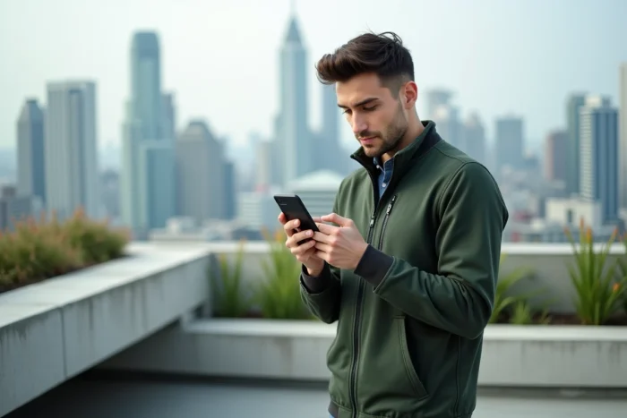 Jeune entrepreneur en plein air sur un toit urbain, téléphonant pour conclure un accord commercial
