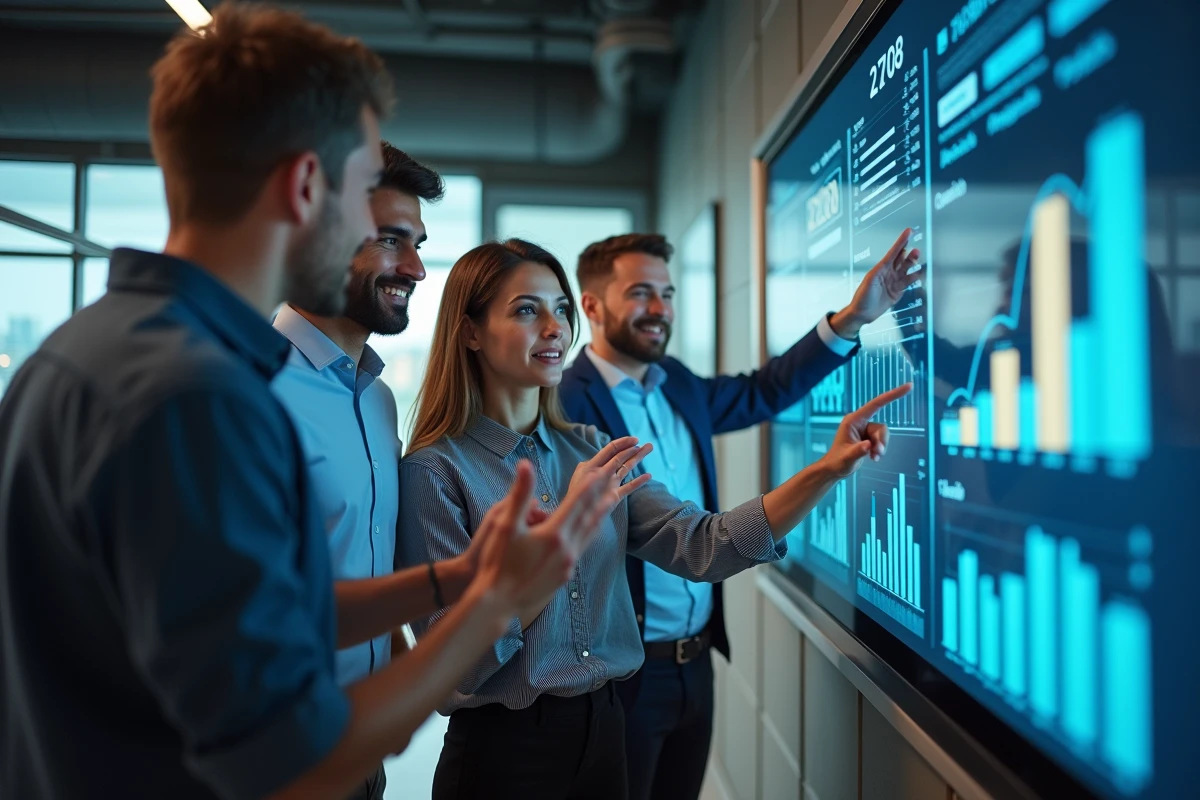 Groupe de professionnels en brainstorming dans un espace hightech