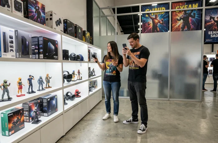 Deux adultes explorant des gadgets et jeux vidéo dans une exposition tech pop-up moderne