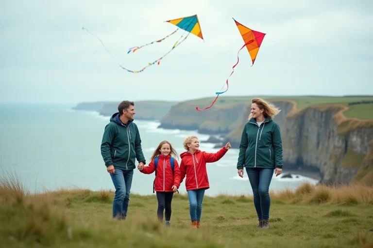 Famille de quatre avec cerfs-volants sur une colline normande
