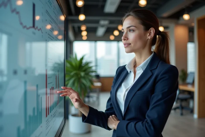 Femme d'affaires analysant des données de tendances business sur un écran tactile dans un bureau moderne en 2024