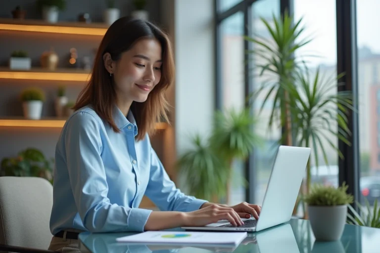 Jeune femme analysant des graphiques marketing sur son ordinateur