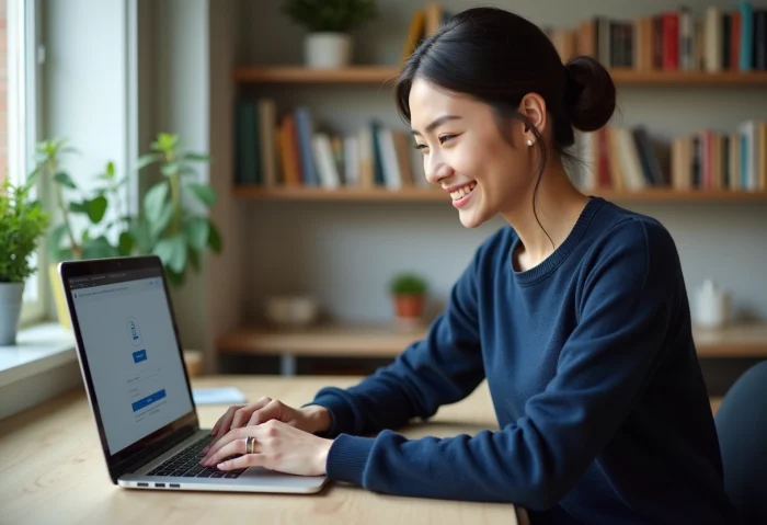 Jeune femme souriante utilisant un ordinateur portable dans un bureau cosy