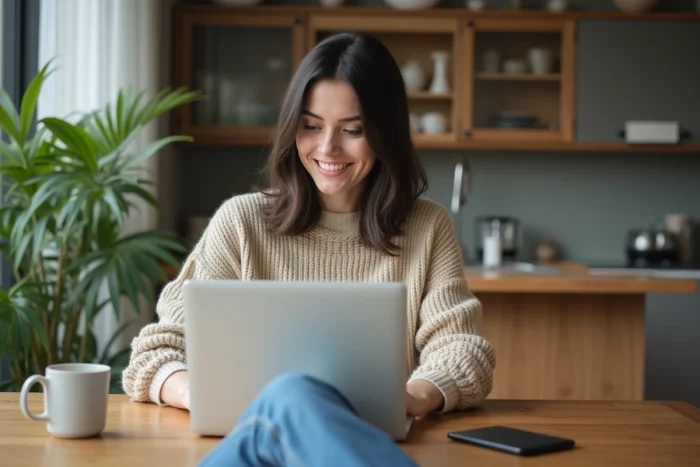 Femme élégante sur ordinateur dans un intérieur moderne
