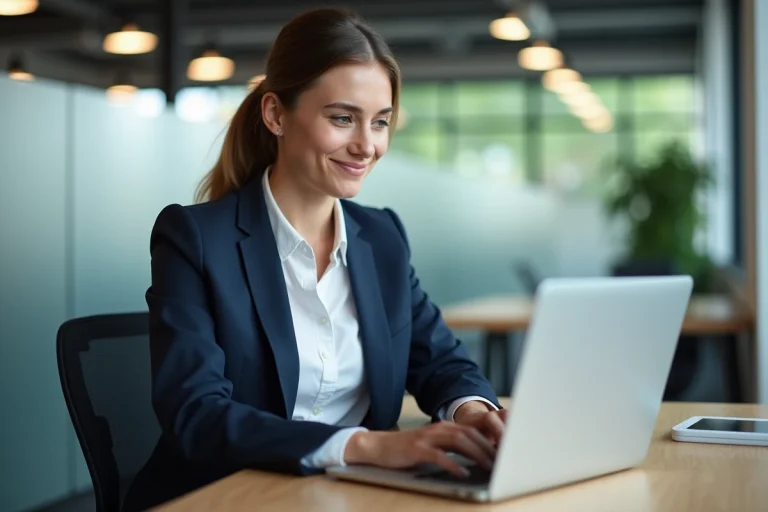 Femme professionnelle au bureau avec ordinateur portable