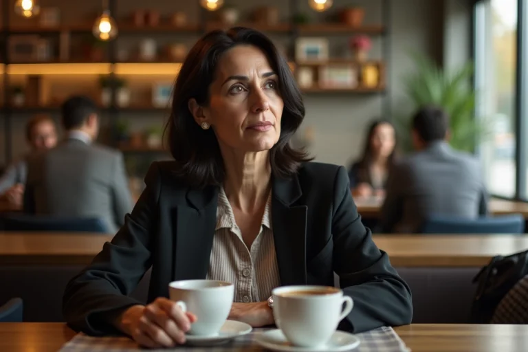 Femme en café moderne regardant sur le côté