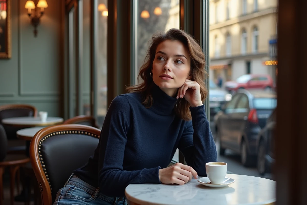 Jeune femme au café parisien avec tasse de porcelaine