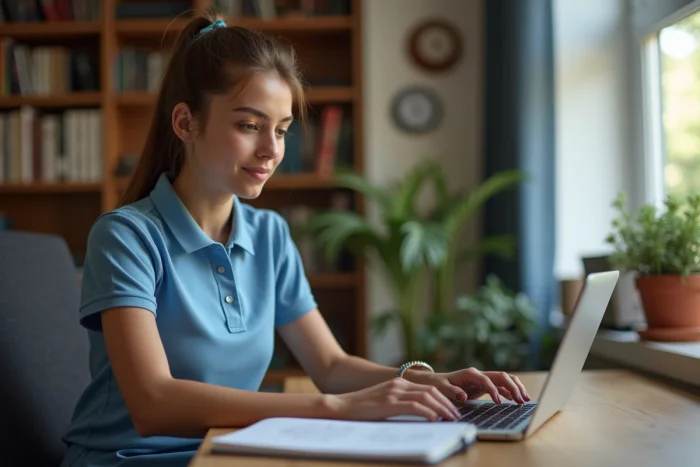 Femme consultant en temps réel les classements de district de football saison 2026 sur un ordinateur portable