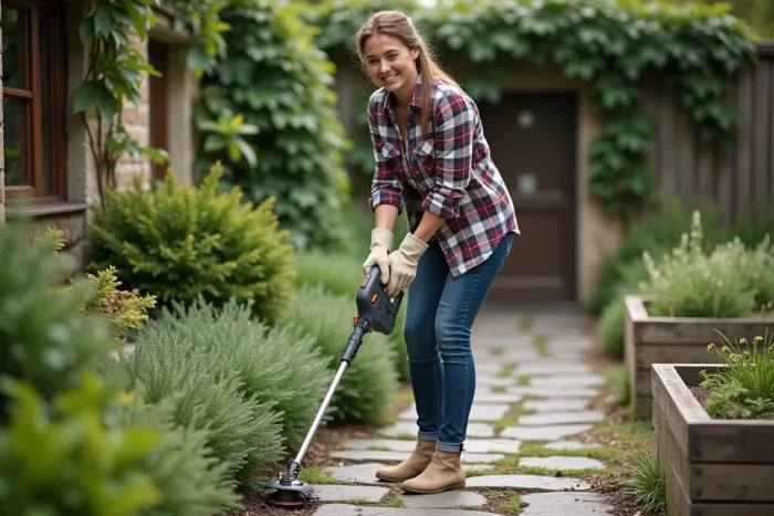 Femme utilisant un coupe-bordure électrique filaire le long d'une allée en pierre dans un jardin de style champêtre