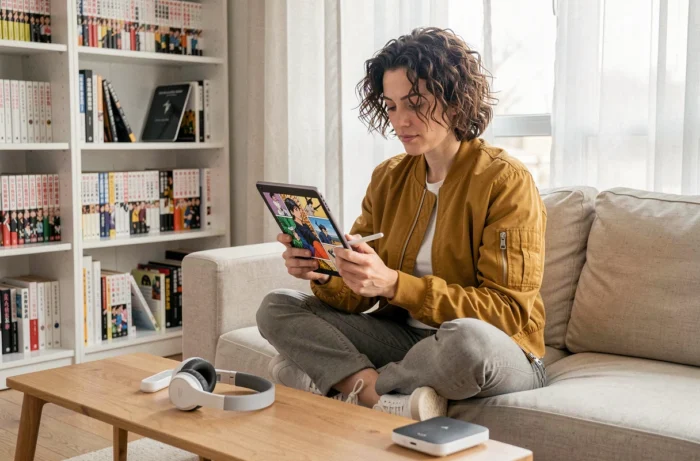 Femme créative utilisant une tablette pour dessiner en numérique dans un salon scandinave moderne