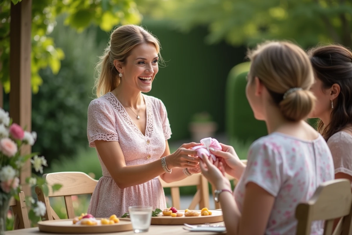 Femme souriante distribuant des cadeaux dans un jardin