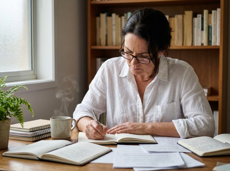 Femme concentrée en train d'écrire dans un bureau à domicile entouré de livres et de notes