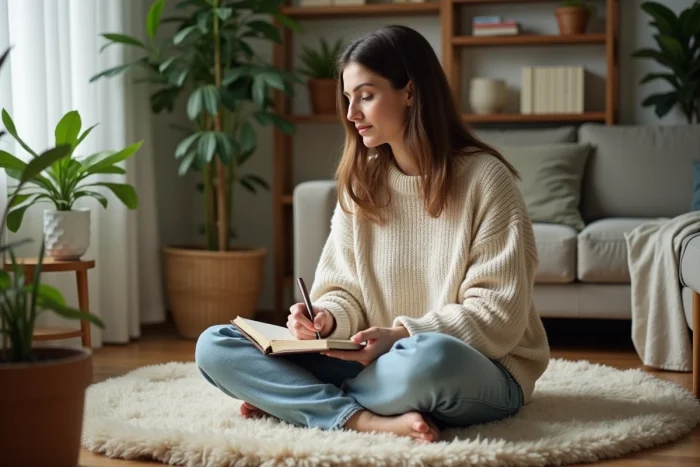 Femme assise écrivant dans un journal dans un intérieur lumineux