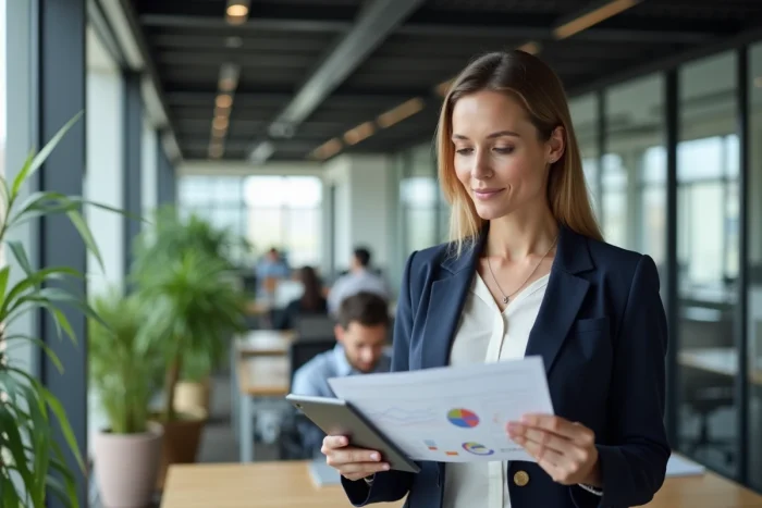 Femme entrepreneur confiante en blazer marine analysant des données dans un bureau moderne et lumineux