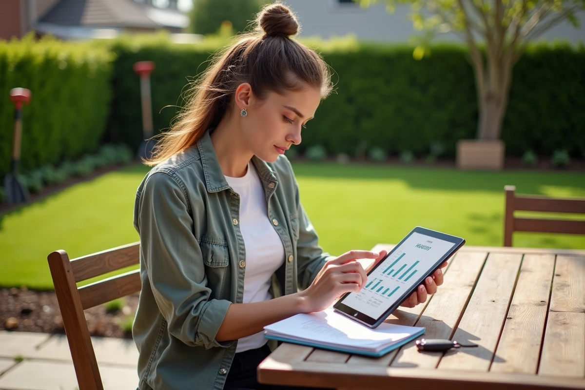 Femme regardant une estimation de travaux de jardinage sur tablette