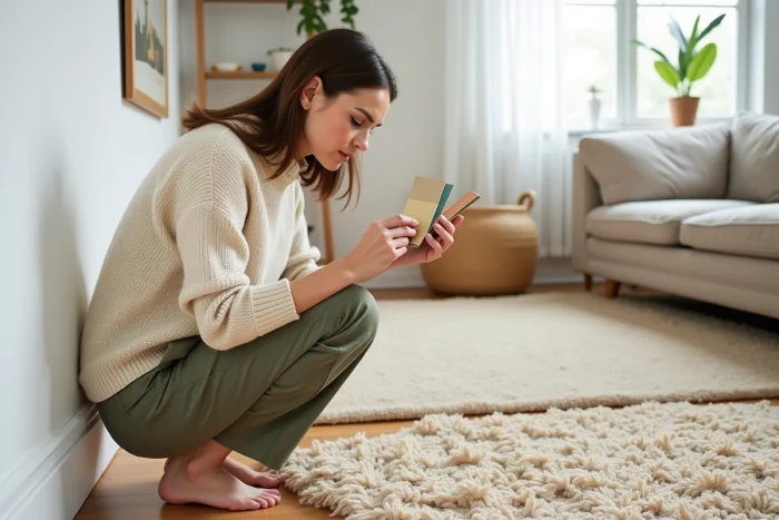 Femme compare des échantillons de peinture avec un tapis en jonc de mer dans un salon moderne