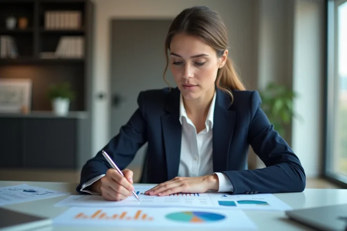 Femme d affaires analysant des graphiques financiers