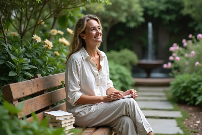 Femme assise dans un jardin paisible avec livres et fleurs